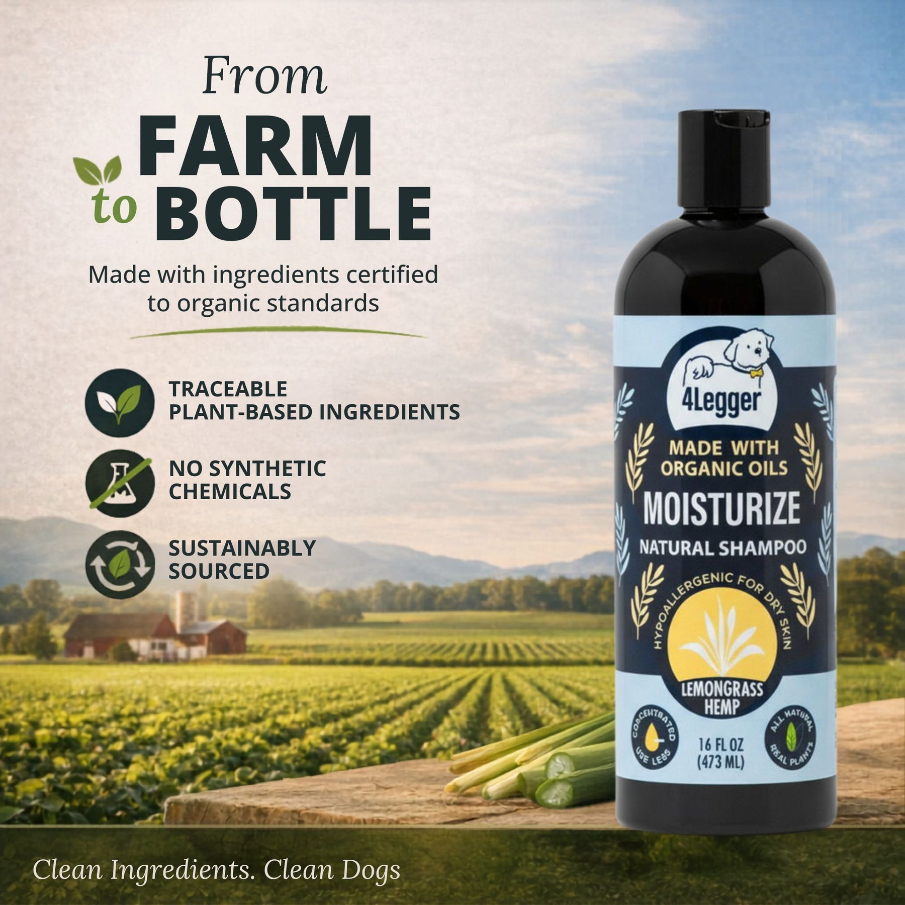 MOISTURIZE - Organic Lemongrass & Hemp Dog Shampoo for Dry, Itchy Skin