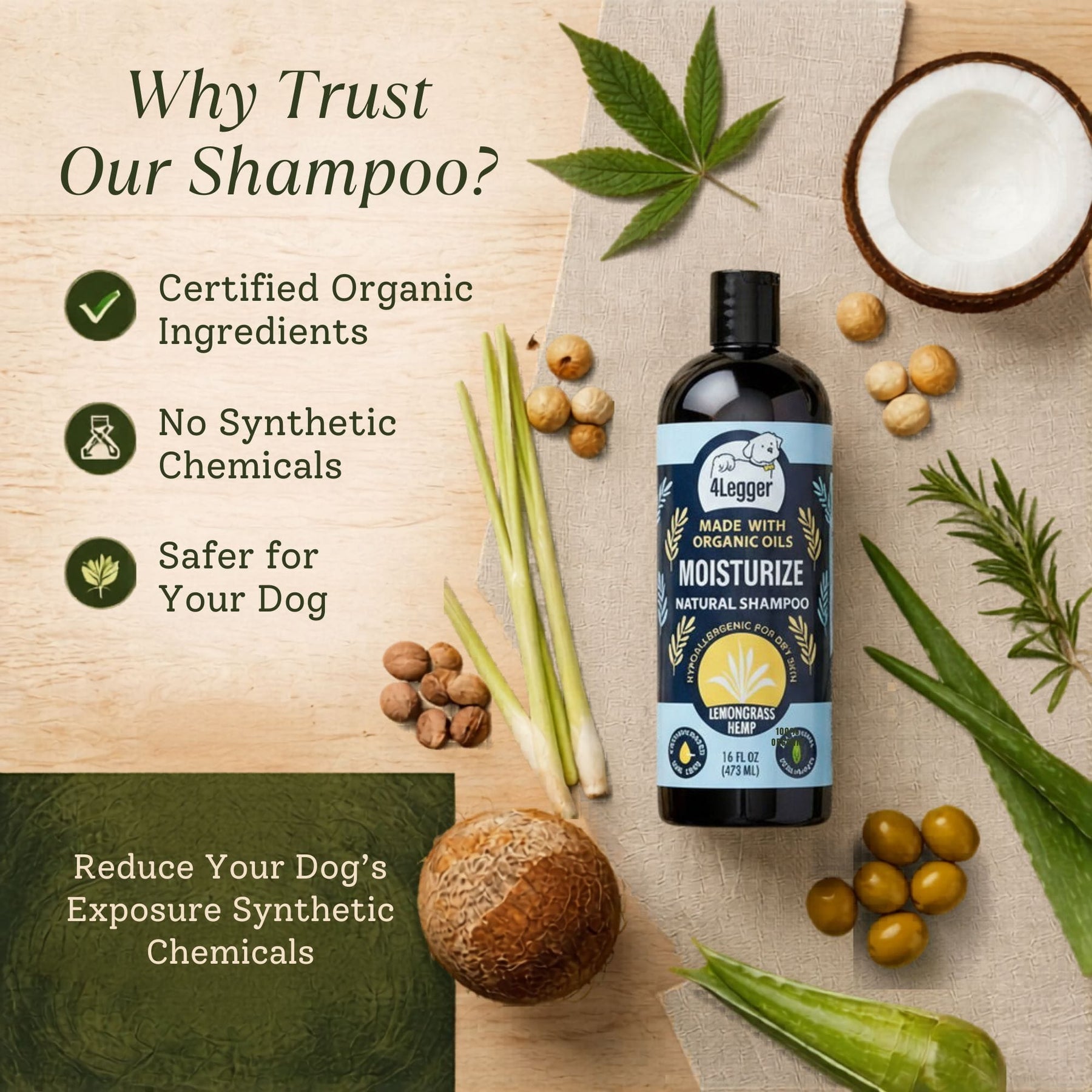 MOISTURIZE - Organic Lemongrass & Hemp Dog Shampoo for Dry, Itchy Skin